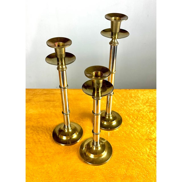 Vintage Maitland Smith Style Chrome and Brass Faux Bamboo Candlestick Holders—set of 3 For Sale In New York - Image 6 of 8