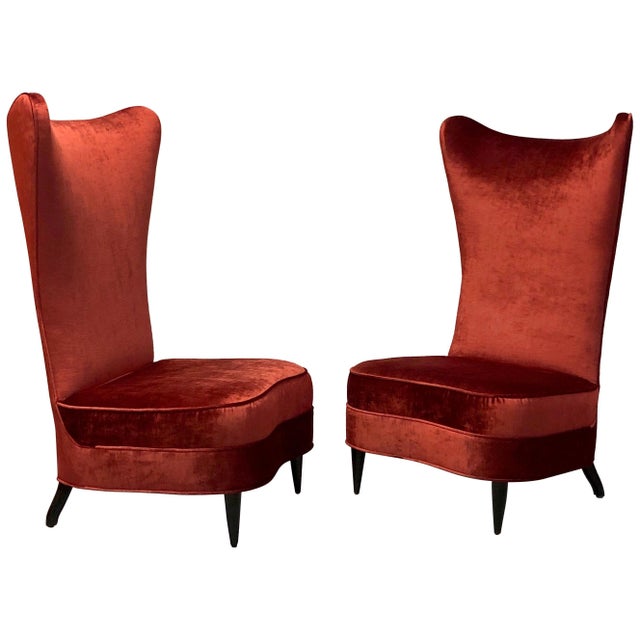 1990s Paolo Buffa Style Red Velvet Tall Back Slipper Chairs - A Pair For Sale - Image 13 of 13