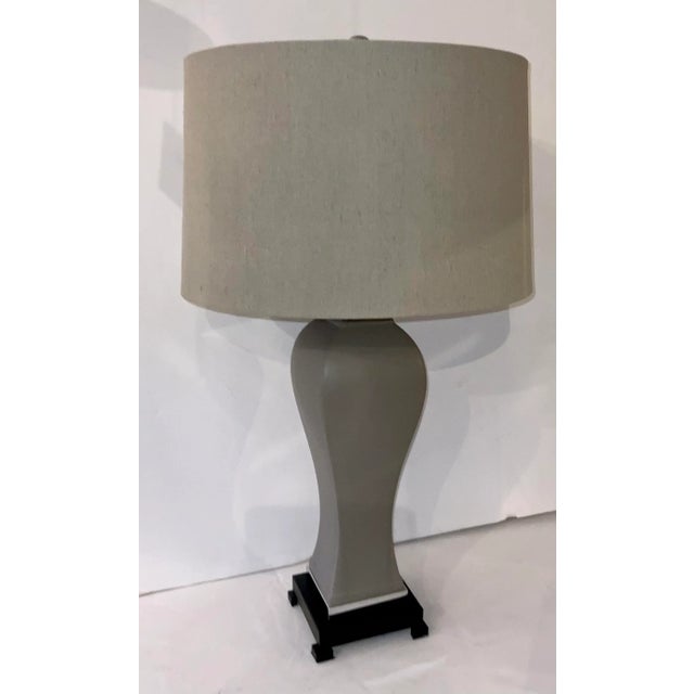 Stylish Modern Gray Ceramic Table Lamps Pair, gray fabric shade, black base with silver finished accent, showroom floor...