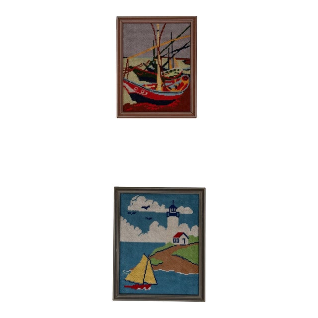 Vintage Framed Needlepoint Boats— A Pair For Sale
