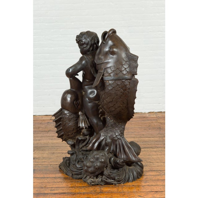 Mid 20th Century Greco-Roman Bronze Fountain with Putto Riding Dolphin, Lost-Wax Technique For Sale - Image 5 of 15