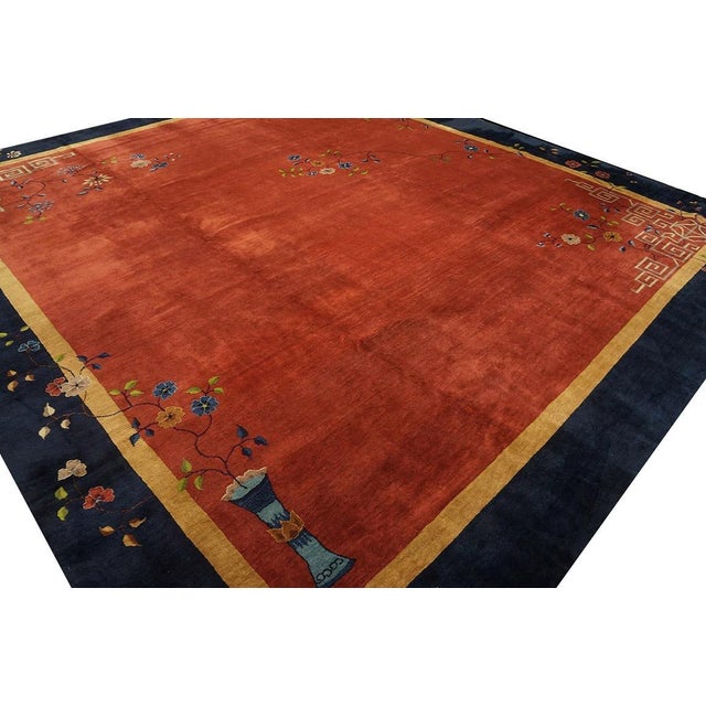 Beautiful Red and Blue Color With Flower Vases Design Antique Chinese Art Deco Rug For Sale - Image 4 of 7