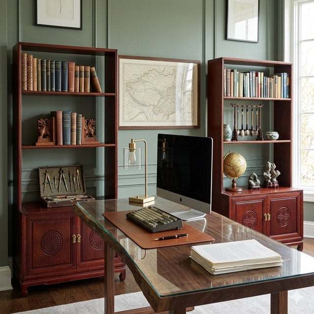 Chinese Mahogany Brown Slim 3 Shelves Bookcase Display Cabinet For Sale - Image 9 of 10