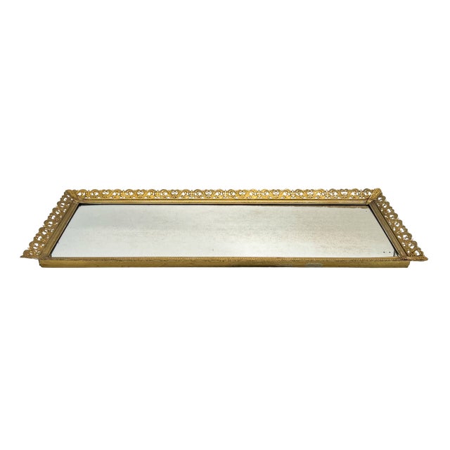 Gold Vintage Hollywood Regency Gold-Tone Filigree Mirrored Vanity Tray - Ornate Filigree Edge – Glam / Rococo Revival / Mid-Century For Sale - Image 8 of 13