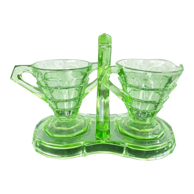 1930s Art Deco Indiana Glass Uranium Green Creamer & Sugar Set With Caddy – Depression Glass - 3pcs For Sale
