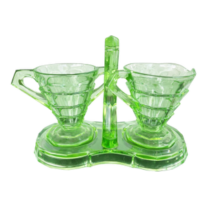 1930s Art Deco Indiana Glass Uranium Green Creamer & Sugar Set With Caddy – Depression Glass - 3pcs