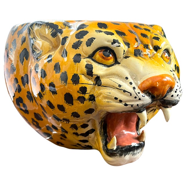 1970s Monumental Sculptural Leopard Head Cachepot – Hand Painted Ceramic – Hollywood Regency Statement Object For Sale In Jacksonville, FL - Image 6 of 12