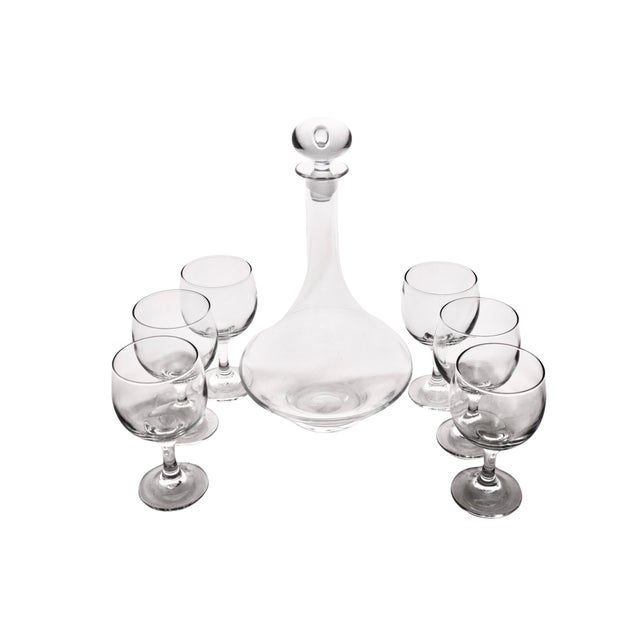 Vintage blown glass 13 inch Empoli style bottle wine decanter with a round top ground stopper accented by interior blown...