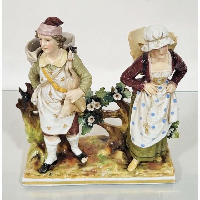French Antique German Hand Painted Volkstedt Porcelain Grouping Man & Woman For Sale - Image 3 of 13