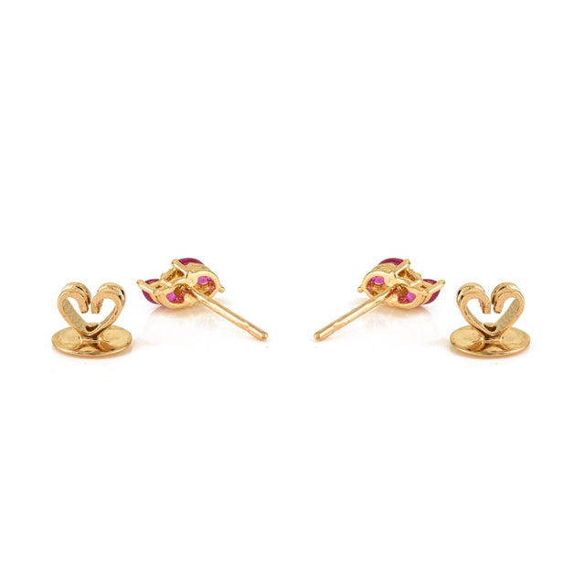 Metal 14k Yellow Gold Marquise Cut Natural Ruby & Diamond Cluster Stud Earrings- 2 Pieces For Sale - Image 7 of 12