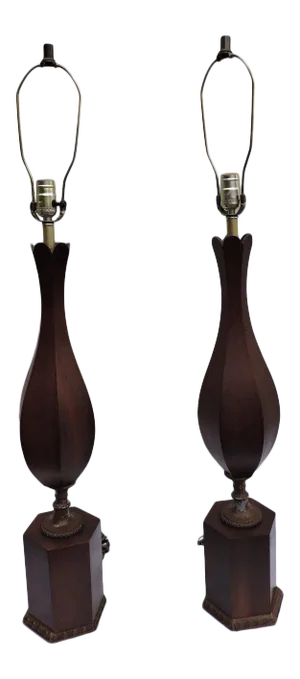 Mid-Century Modern Tall Wood Table Lamps - Pair