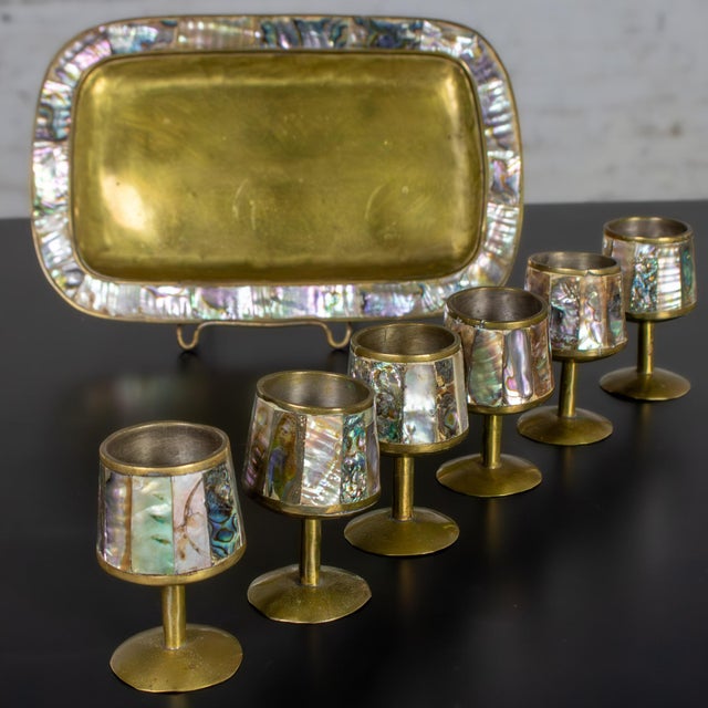 Brass Mid-20th Century MCM 6 Cordial Stemmed Shots and Tray Set Abalone and Brass From Taxco Mexico For Sale - Image 8 of 18