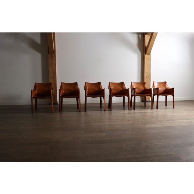 Metal CAB Dining Armchairs with in Cognac Leather by Mario Bellini for Cassina, Italy, 1970s, Set of 6 For Sale - Image 7 of 16