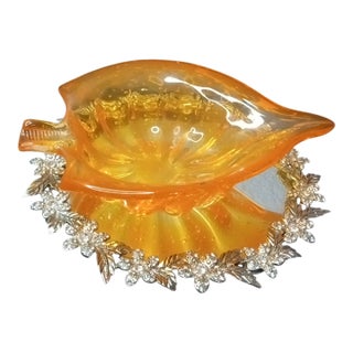 Gorgeous MCM Murano Italy Bullicante Orange Glass Leaf Ashtray For Sale