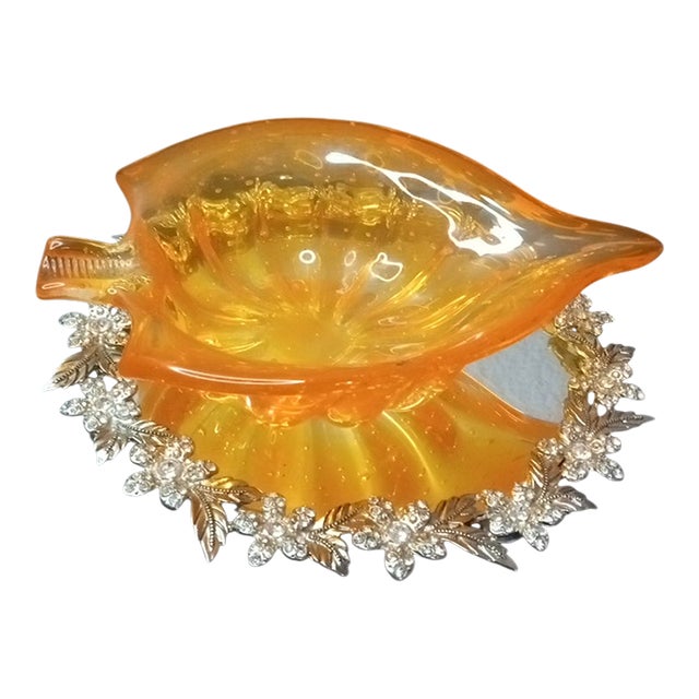 Gorgeous MCM Murano Italy Bullicante Orange Glass Leaf Ashtray For Sale