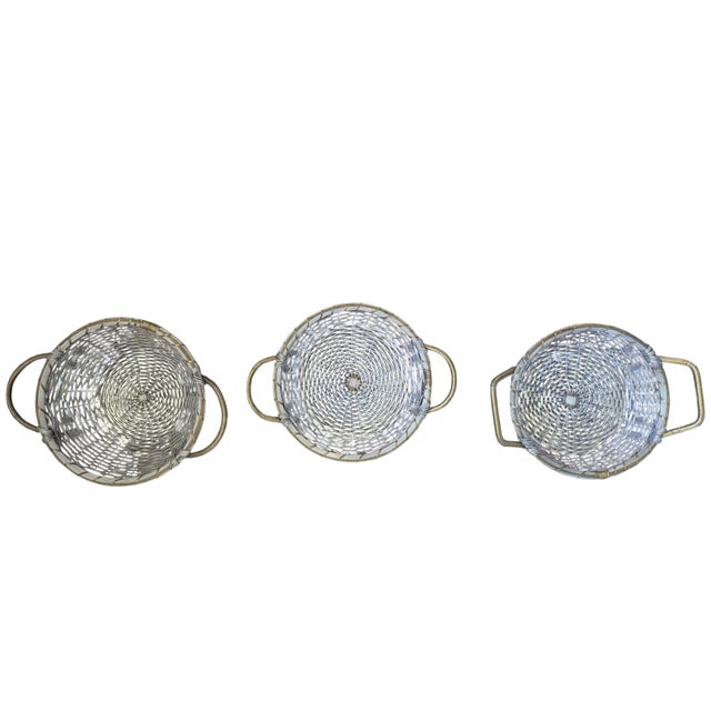Vintage Woven Silver and Brass French Provincial Style Market Baskets- Set of 3 For Sale - Image 9 of 16
