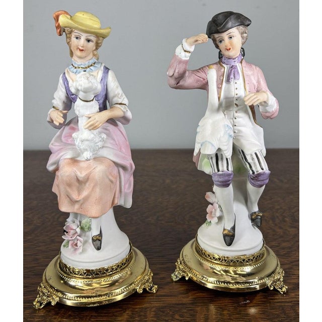 Vintage French Style Porcelain Figurines on Brass Stands, Set of 2 For Sale - Image 10 of 10