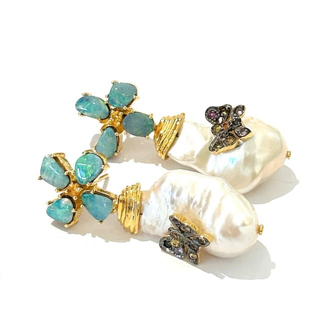 Baroque Bochic “Orient” Opal, Ruby & Multi Diamond Earrings Set in 18k Gold & Silver - 2 Pieces For Sale - Image 3 of 5
