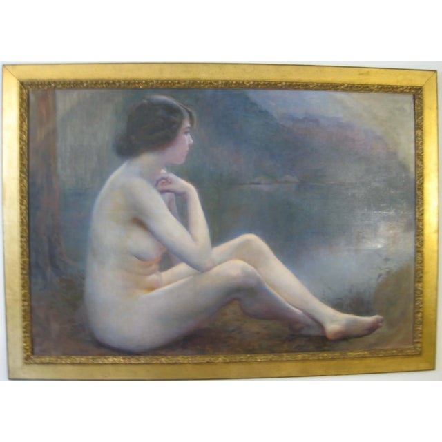 Early 20th Century Early 20th Century Antique Nude Sitting by Lake Large Oil Painting, Framed For Sale - Image 5 of 5
