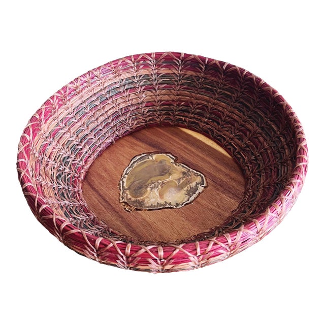 Vintage Woven Pine Needle Basket With Inlaid Petrified Wood For Sale
