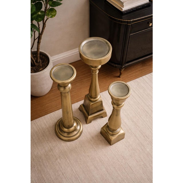 Monumental Sculptural Brass Floor Candlesticks, Set of 3 — Neoclassical Column Forms in Aged Sunlit Gold Finish (33”–36.5”) For Sale In Los Angeles - Image 6 of 7