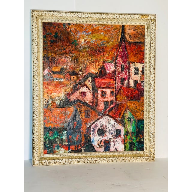 Textile Vintage Abstract Cityscape Oil on Canvas Signed Artist For Sale - Image 7 of 14