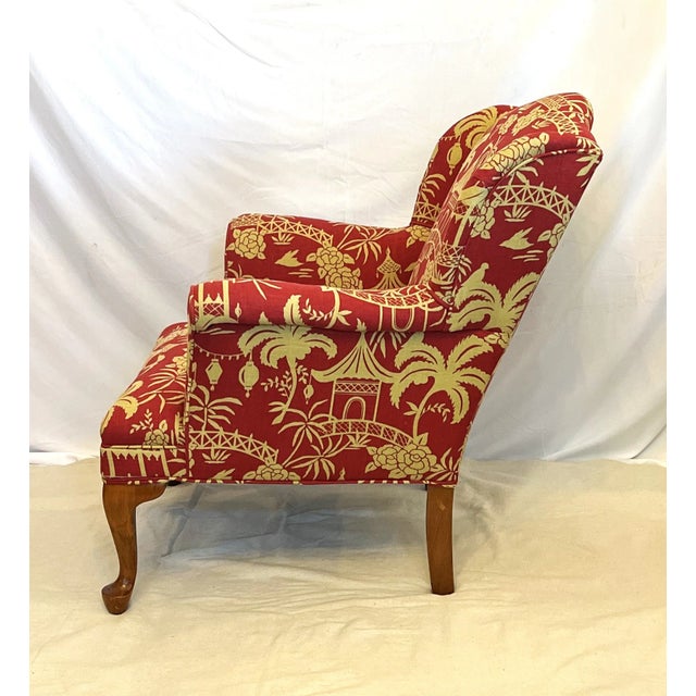 1970s Diminutive Chinoiserie Newly Reupholstered Linen Toile Wingback Chair For Sale - Image 5 of 5