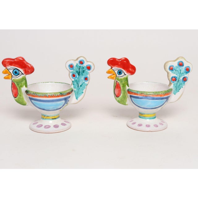 DeSimone Pair of Hand Painted Vintage Italian Ceramic Rooster Compotes/Vases by De Simone For Sale - Image 4 of 18
