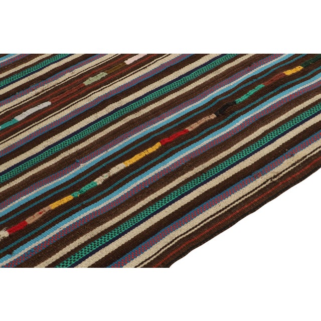 1950s 1950s Vintage Chaput Kilim Rug in Beige-Brown, Blue Stripe Gradient Pattern For Sale - Image 5 of 7