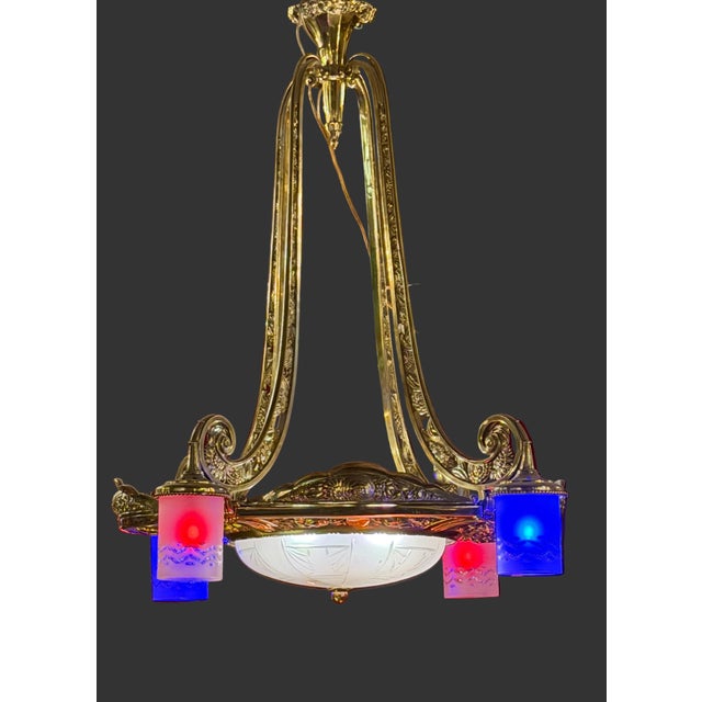 Art Deco Antique Art Deco - Neoclassical Brass Chandelier For Sale - Image 3 of 7