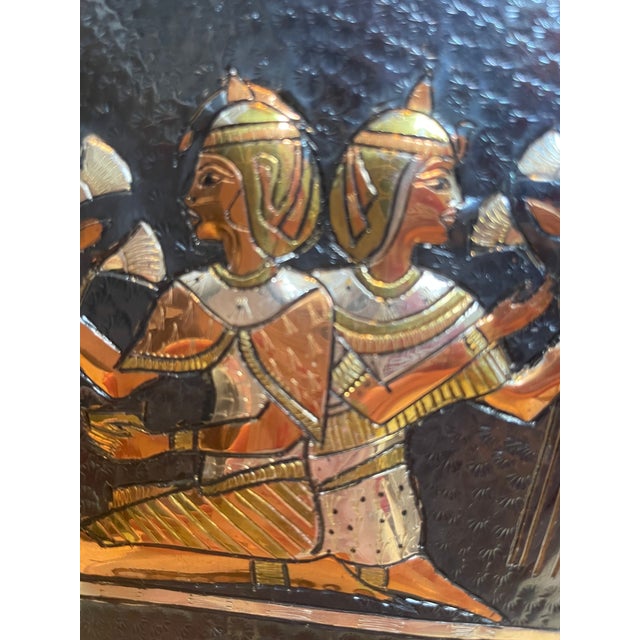 Vintage Egyptian Brass and Copper Metalworks Plate With Pharaoh and Queen For Sale - Image 4 of 11
