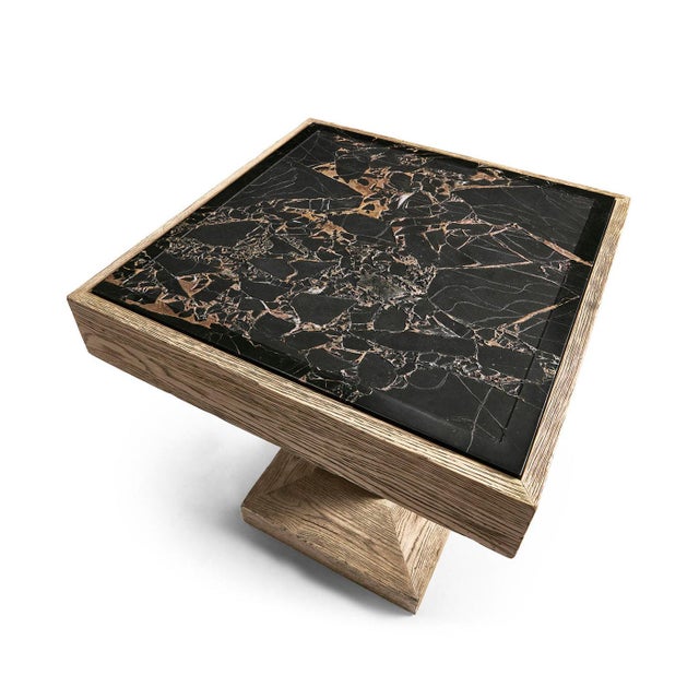 2020s Rustic Oak Pedestal Side Table with Stone Top For Sale - Image 5 of 9