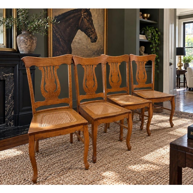 Brown Antique c.1900 Quarter-Sawn Art Nouveau Tiger Oak Lyre Back Cane Dining Chairs. Set of Four For Sale - Image 8 of 8
