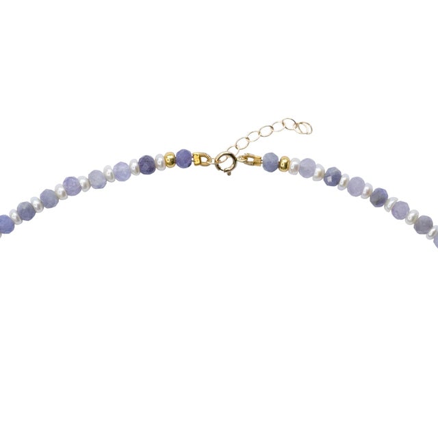 Modern Mini Tanzanite Pearl Necklace 14k Gold For Sale - Image 3 of 9