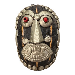 Vintage Tibetan Buddhist Kapala Style Ritual Mask – Metal Overlay Skull Design 7” For Sale