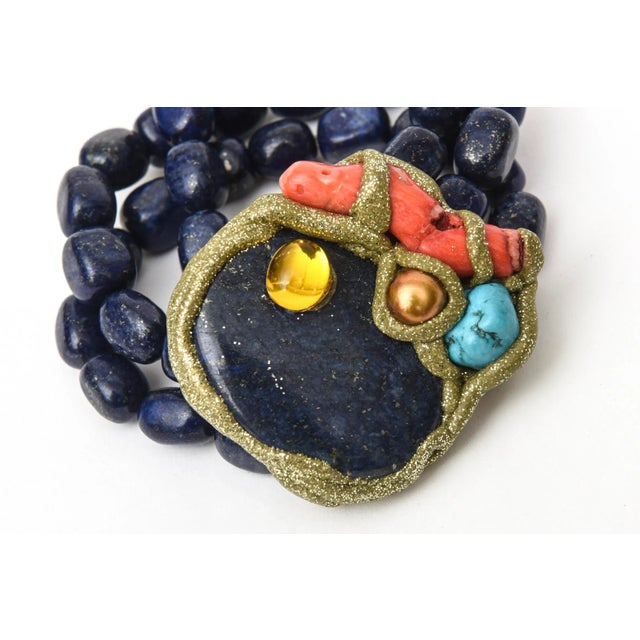 Vintage Hand Wrought Cuff Bracelet With Lapis Lazuli, Coral, Citrine, Turquoise & Copper For Sale - Image 4 of 8