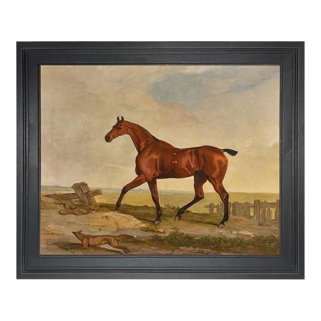 "A Bay Hunter With a Fox at Its Side" Canvas Print in Distressed Black Solid Wood Frame, Framed 21-1/2" X 25-1/2" For Sale