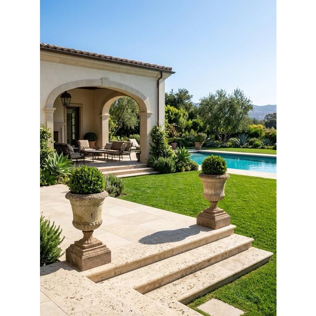 Pair of Neoclassical Style Weathered Cast Stone Campana Urns on Pedestals For Sale - Image 10 of 12