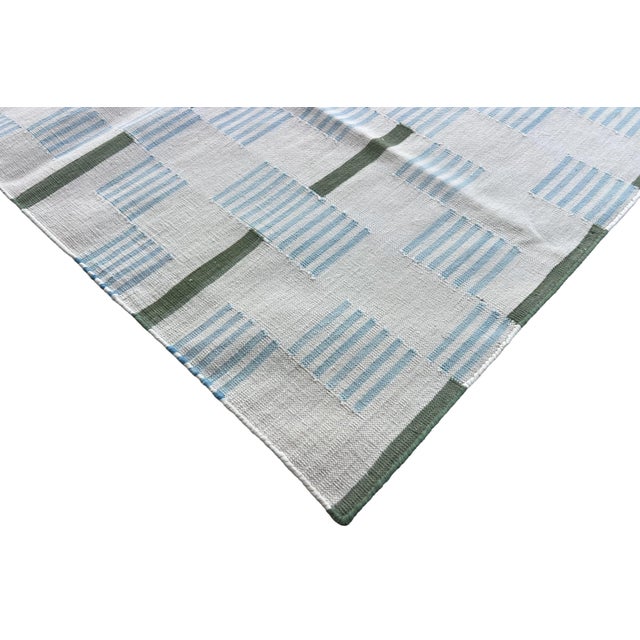 Casa Cosima Handmade Cotton Vegetable Dyed Area Rug, White, Sky Blue, Sage Green Star Dash Striped Dhurrie-5'x8' For Sale - Image 4 of 13