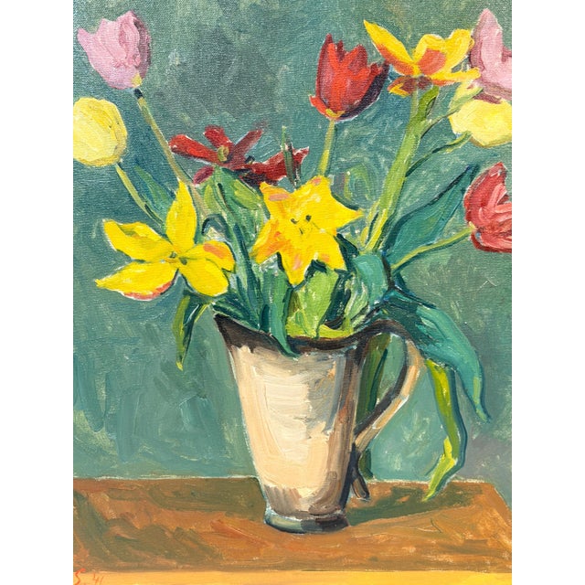 European Modernist Spring Still Life with Daffodils and Tulips, Signed "PS '41" For Sale In West Palm - Image 6 of 15