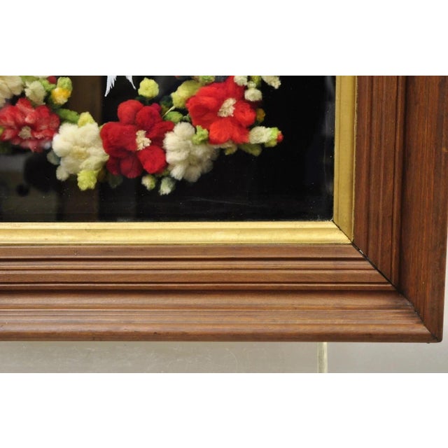 Early 20th Century Victorian Mahogany Deep Shadow Box Frame Felt Cotton Mourning Wreath Wall Art For Sale - Image 5 of 11