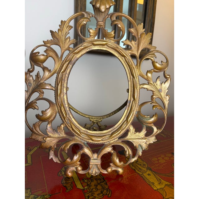 Pair of Antique Rococo Revival Brass Easel Frames Gilt Finish For Sale - Image 4 of 11