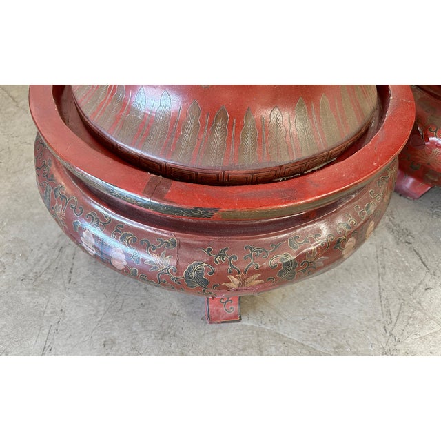 Asian Antique Large 19th Century Chinese Red Lacquered Palace Vases on Stands For Sale - Image 3 of 18