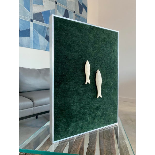 Kinetic Art Framed Bas Relief Carved Sardines Deep Forest Green Chenille Textile For Sale - Image 11 of 14