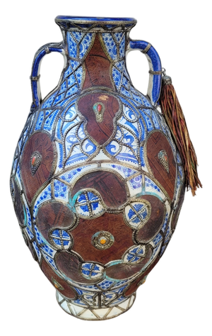 19th Century Filigree Vase in Ceramic, Leather, Enamel and Metal by Safi, Morocco