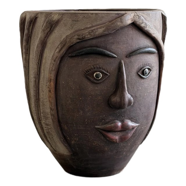 Vintage Mexican Terracotta Face Planter For Sale