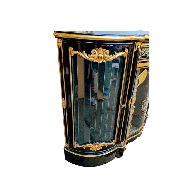 Victorian Vintage Victorian Credenza Marquetry Display Cabinet Carved and Painted by Hand For Sale - Image 3 of 14