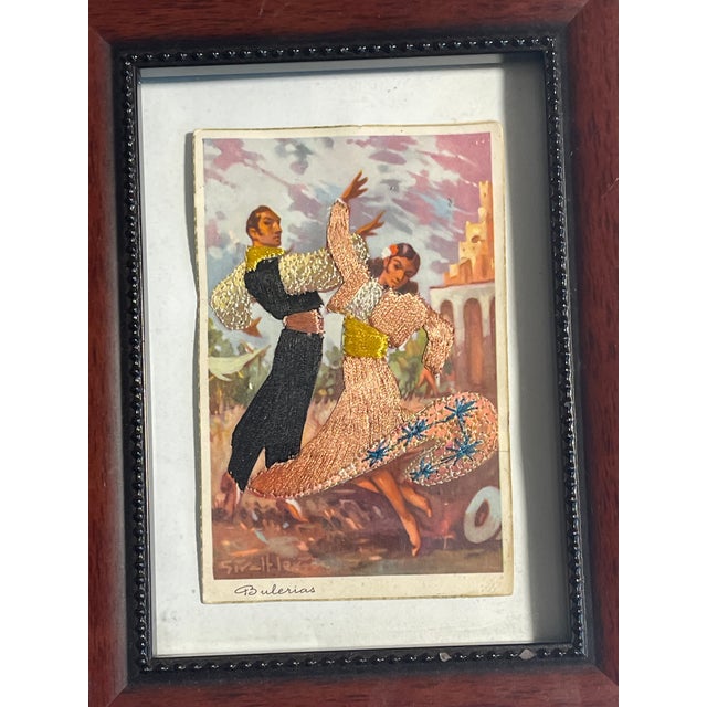 Paper Pair Antique Spanish Embroidered Flamenco Dancers Postcards Framed For Sale - Image 7 of 7
