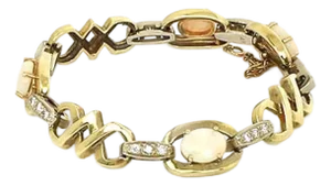 Opal & Diamond 14k Two Tone Gold Fancy Link Bracele