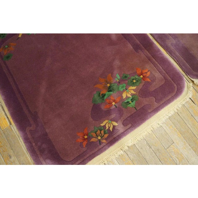 1920s Purple Floral Antqiue Pair of Chinese Art Deco Carpets 3' X 4'7" Knotted Wool Rugs For Sale - Image 11 of 12